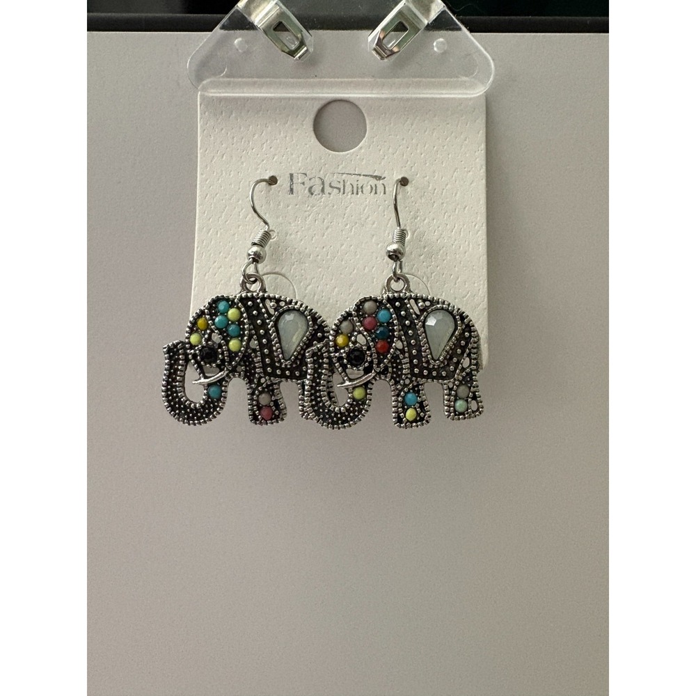 Boho Elephant Motif Good Luck Trunk Raised Multicolor Gemstone Dangle Earrings